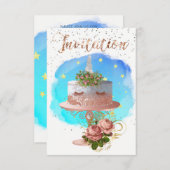 Cake Unicorn Rose Gold Aqua Ticino Einladung (Vorne/Hinten)