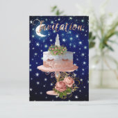 Cake Unicorn Rose Gold Blue Navy Starry Night Einladung (Stehend Vorderseite)
