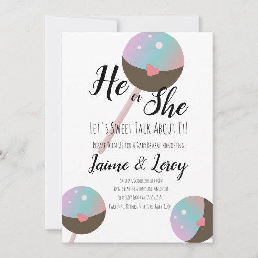 Cakepop Gender-Offenlegung Er oder sie Einladung (Vorderseite)