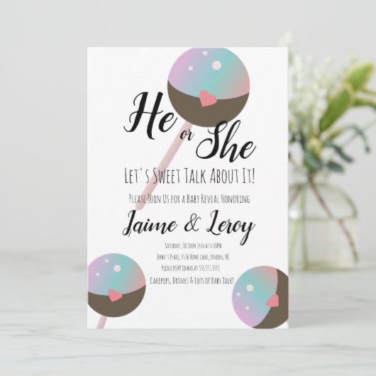 Cakepop Gender-Offenlegung Er oder sie Einladung (Stehend Vorderseite)