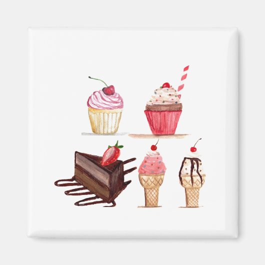 Cakes Wasserfarbenes Bäckerei Süßigkeiten Cupcakes Magnet (Vorne)