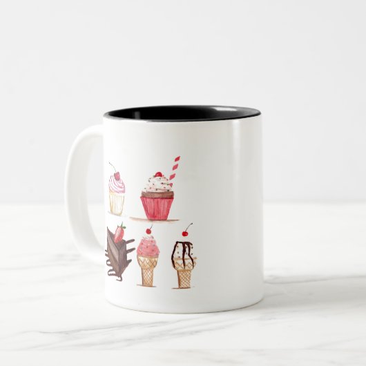 Cakes Wasserfarbenes Bäckerei Süßigkeiten Cupcakes Zweifarbige Tasse (Vorderseite Links)