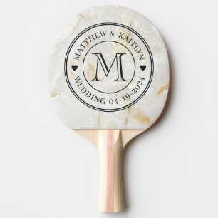 Calacatta Gold Marmorstein Hochzeitsmonogramm Herz Tischtennis Schläger