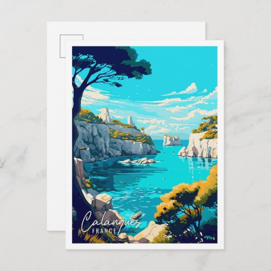 Calanques France Art Vintage Reise Illustration Postkarte (Vorne/Hinten)