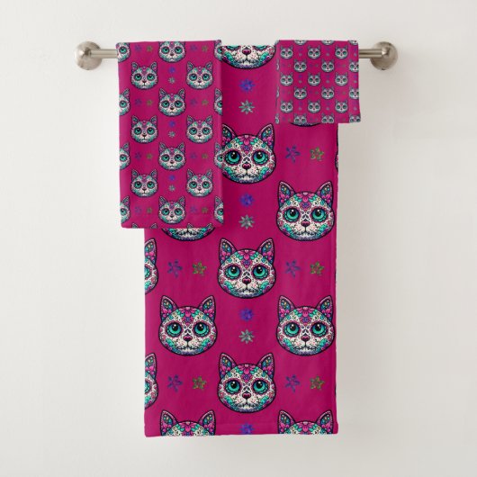 Calavera Cat Art Pattern Badhandtuch Set (Insitu)