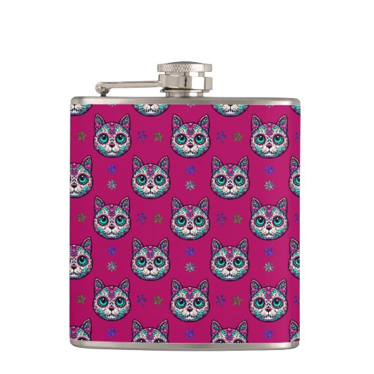Calavera Cat Art Pattern Flachmann (Vorderseite)