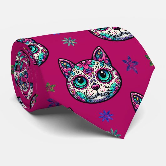 Calavera Cat Art Pattern Krawatte (Gerollt)