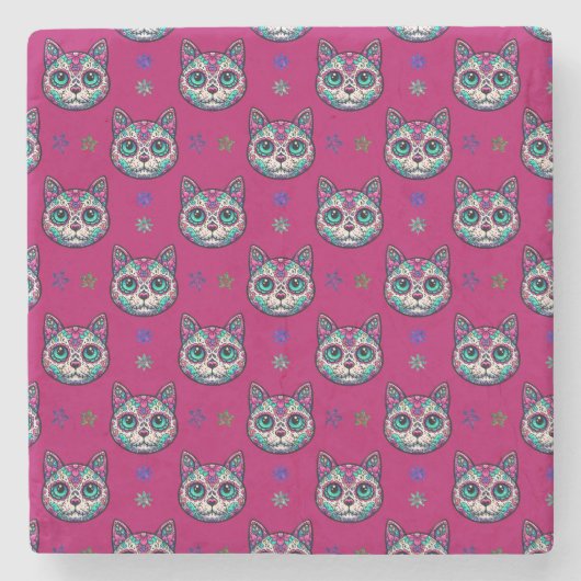 Calavera Cat Art Pattern Steinuntersetzer (Vorderseite)