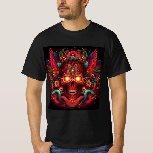 Calavera Roja con Serpientes y Flores Místicas T-Shirt (Vorderseite)