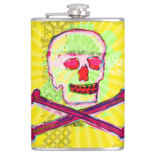 Calavera Totenschädel pgeek NFT Kunst Gelb Grün ro Flachmann