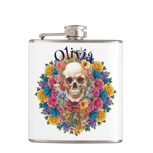 Calavera y flores Petaca de vinilo Flachmann (Vorderseite)