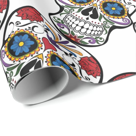 Calavera Zucker Schädel Blütenrot Blaues Blau Geschenkpapier (Rolleneckpunkt)