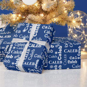 CALEB Individuelle Name mit Schneeflocken auf blau Geschenkpapier