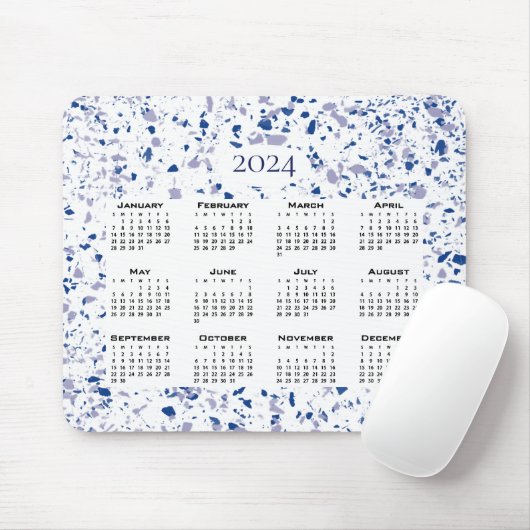 Calendar 2024 Blue White Gray Terrazzo Moderne Mousepad (Mit Mouse)