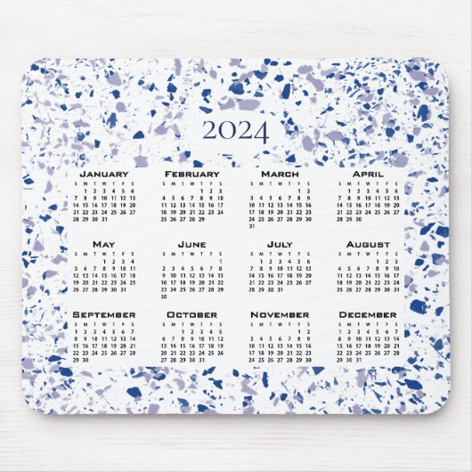 Calendar 2024 Blue White Gray Terrazzo Moderne Mousepad (Vorne)