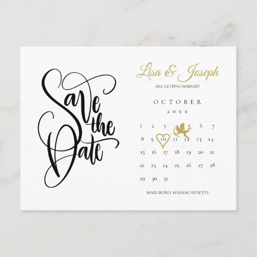 Calendar Cupid Gold Liebe Herz Save the Date Postkarte (Vorderseite)
