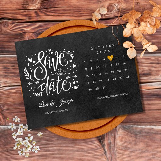 Calendar Gold Heart Chalkboard Save the Date Ankündigungspostkarte