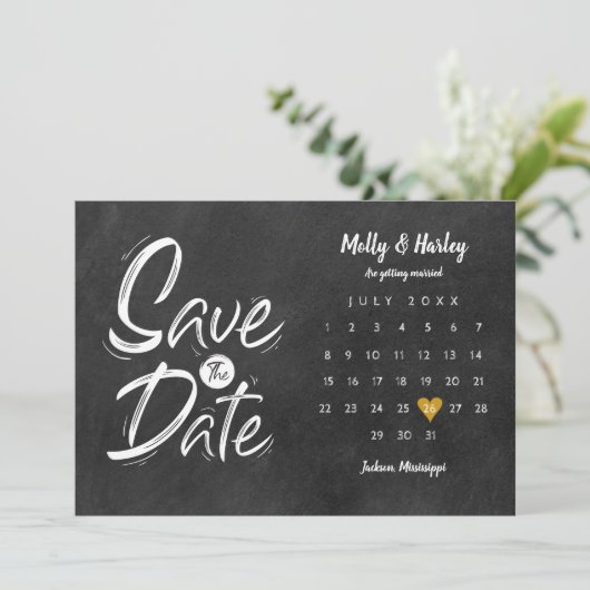 Calendar Gold Heart Chalkboard Save the Date Einladung (Stehend Vorderseite)