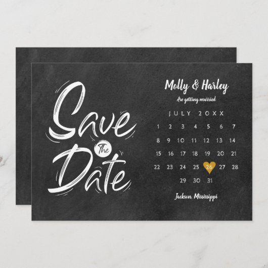 Calendar Gold Heart Chalkboard Save the Date Einladung (Vorne/Hinten)