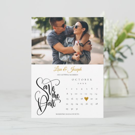 Calendar Gold Heart Foto Save The Date (Stehend Vorderseite)