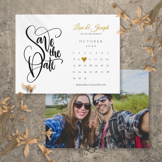 Calendar Gold Heart Foto Skript Save the Date Ankündigungspostkarte