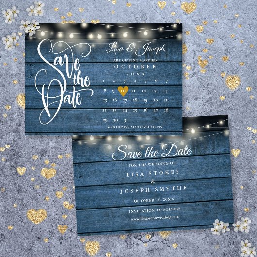 Calendar Gold Heart Rustic Blue Wood Wedding Save The Date