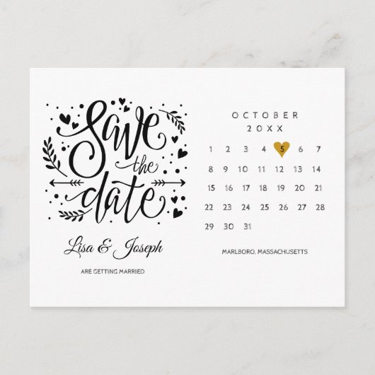 Calendar Gold Heart Save the Date Postkarte (Vorderseite)