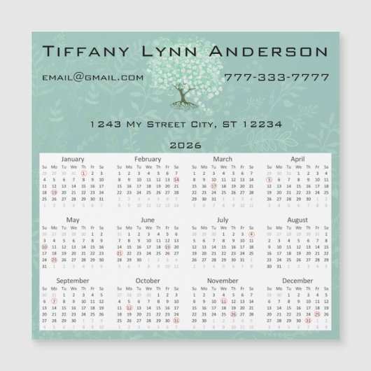 Calendar Heart Leaf Tree Blumenstrauß Grün Magnetkarte (Vorderseite)