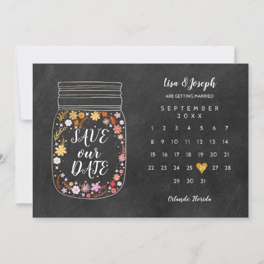 Calendar Heart Mason Jar Chalkboard Save the Date Einladung (Vorderseite)