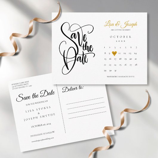 Calendar Script Gold Herzstück Save the Date Postk Postkarte