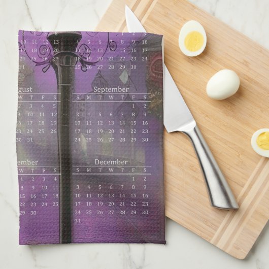Calendar Towel - London Street clock Lamp Lila Geschirrtuch (Viertel Falte)