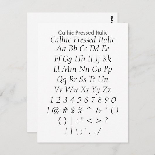 Calhic Pressed Italic - Zazzle Schriftart Sampler  Postkarte (Vorne/Hinten)