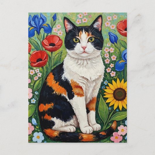 Calico Cat and Folk Art Sonnenblumen Postkarte (Vorderseite)