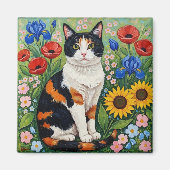 Calico Cat and Folk Art Sunflowers Magnet (Vorne)