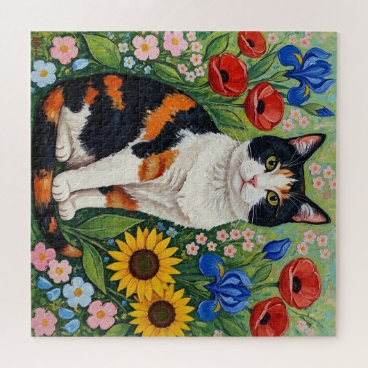 Calico Cat and Folk Art Sunflowers Puzzle (Horizontal)