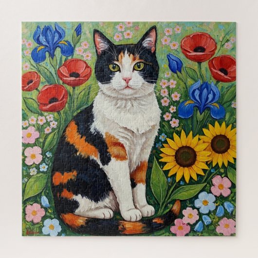 Calico Cat and Folk Art Sunflowers Puzzle (Vertikal)