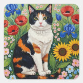 Calico Cat and Folk Art Sunflowers Quadratischer Aufkleber (Vorderseite)