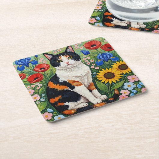 Calico Cat and Folk Art Sunflowers Rechteckiger Pappuntersetzer (angewinkelt)