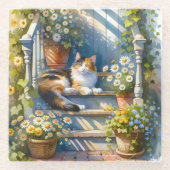 Calico Cat auf Blumenporch Cotattecore Glasuntersetzer (Vorderseite)