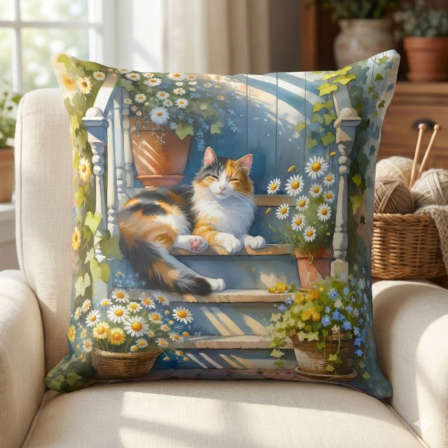 Calico Cat auf Blumenporch Cotattecore Kissen (Calico Cat on Floral Porch Cottagecore Throw Pillow Mockup A)