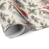 Calico Cat Christmas Holly Watercolor Geschenkpapier (Rolleneckpunkt)