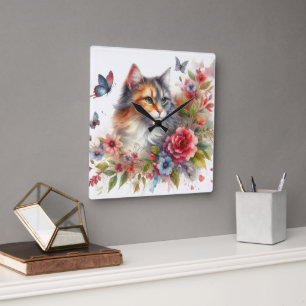 Calico Cat Floral Wall Clock Quadratische Wanduhr