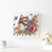 Calico Cat Floral Wall Clock Quadratische Wanduhr (Zuhause)
