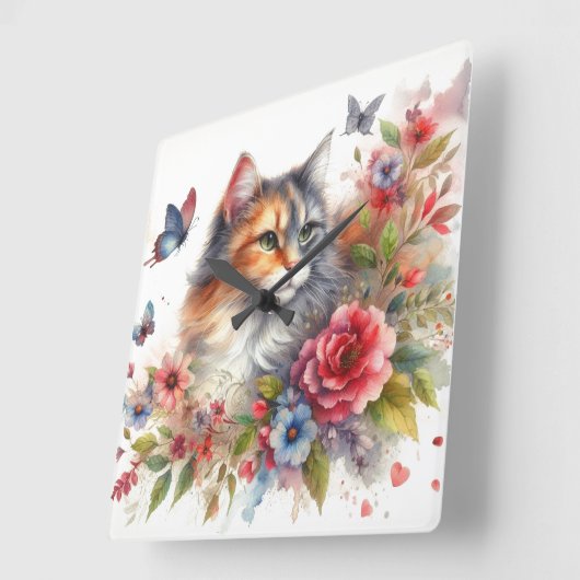 Calico Cat Floral Wall Clock Quadratische Wanduhr (Winkel)