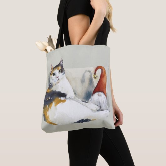 Calico Cat Gnome & Tortoiseshell Wasserfarbe Tasche (Von Nahem)