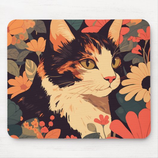 Calico Cat im Blumengarten Mousepad (Vorne)