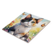 Calico Cat im Frühlingspark mit Schmetterlingen Fliese (Seite)
