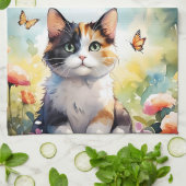 Calico Cat im Frühlingspark mit Schmetterlingen Geschirrtuch (Gefaltet)