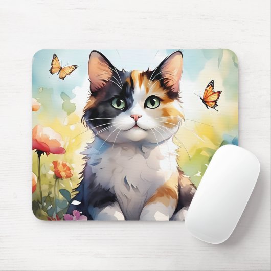 Calico Cat im Frühlingspark mit Schmetterlingen Mousepad (Mit Mouse)
