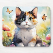 Calico Cat im Frühlingspark mit Schmetterlingen Mousepad (Vorne)